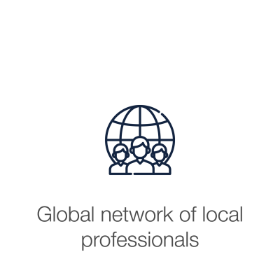 People in from of globe icon with text displaying "Global network of local professionals"