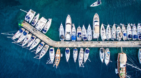 Yatch Ports with many docked vessels. Above view looking down